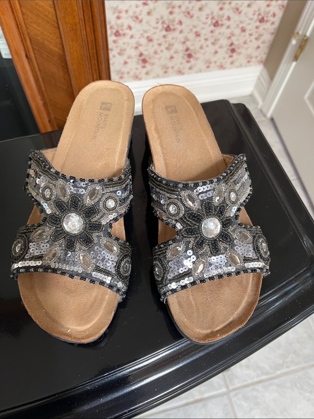 White Mountain Black Beaded Slide Sandals with Jewel Medallions